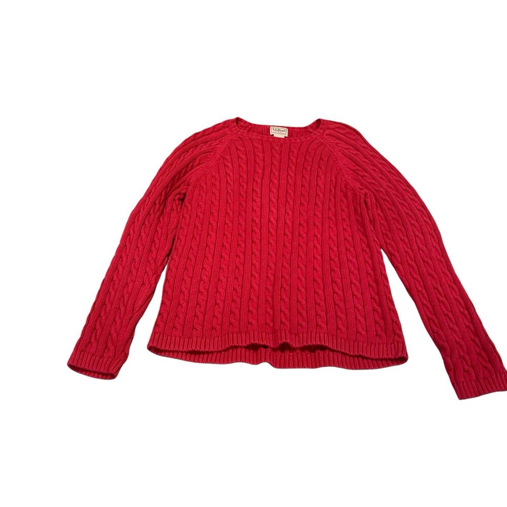 Vintage LL Bean Womens Red Cable Knit Sweater L Fisherman Cabincore Rustic Hike